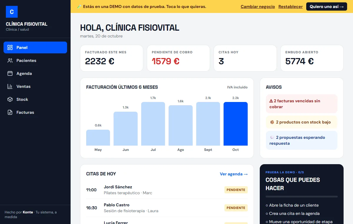 Demo del sistema de gestión de Konte: panel con facturación, avisos y agenda del día
