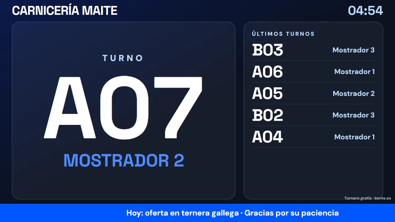 Pantalla del turnero online gratis con el turno A07 llamado al mostrador 2